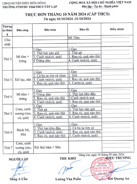 thực đơn tháng 10